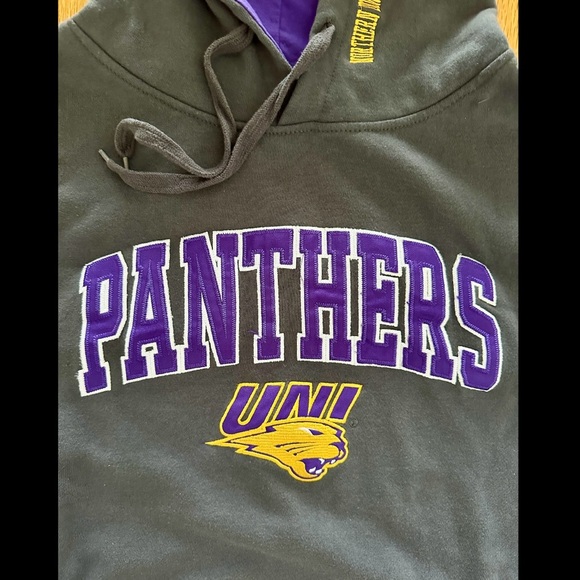 MENS UNI U of NORTHERN IOWA PANTHERS HOODED SWEATSHIRT HOODIE GRAY PURPLE XL EC - Picture 2 of 4